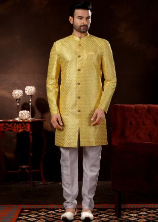 Yellow Embroidered Mens Readymade Indo Western Sherwani