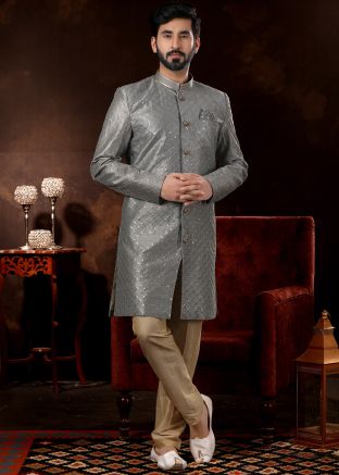 Grey Sequins Embroidered Silk Readymade Sherwani