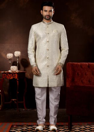 White Readymade Embroidered Indo Western Silk Sherwani