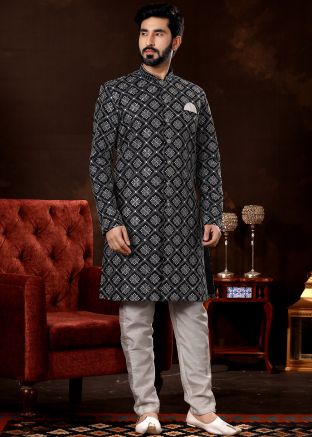 Blue Chikankari Embroidered Readymade Sherwani For Men