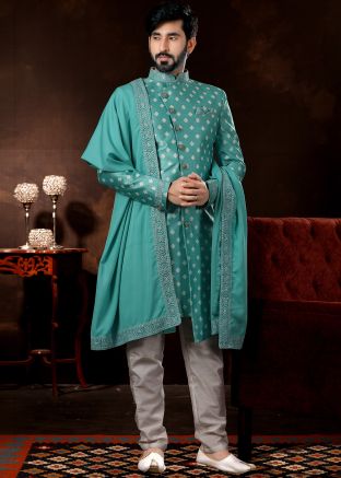 Turquoise Printed Jacquard Readymade Sherwani With Stole