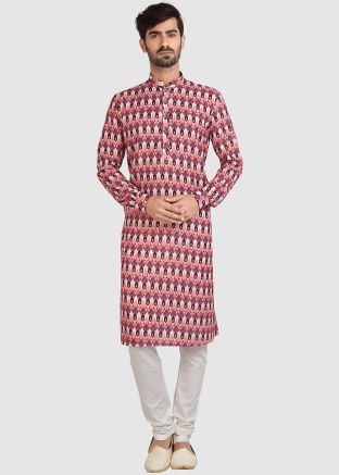 Peach Printed Readymade Cotton Kurta & Churidar