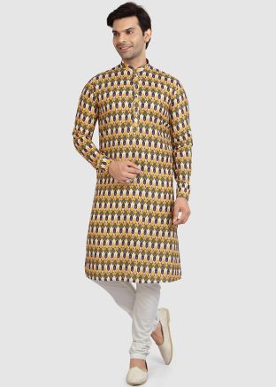 Printed Yellow Readymade Kurta Pajama In Cotton