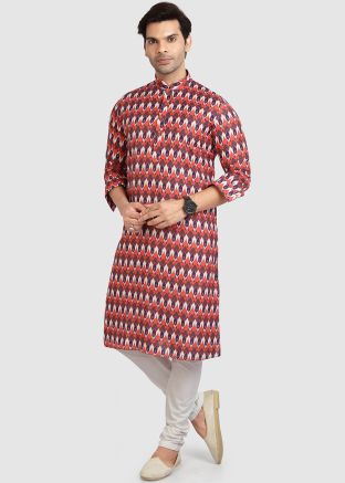 Red Readymade Printed Kurta Pajama For Men
