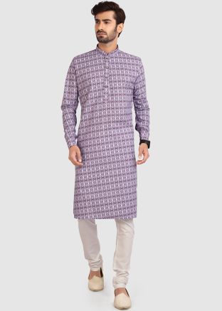 Purple Cotton Printed Readymade Kurta With Churidar