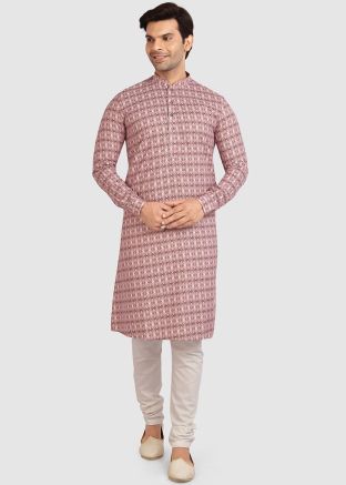 Printed Pink Readymade Cotton Kurta Pajama