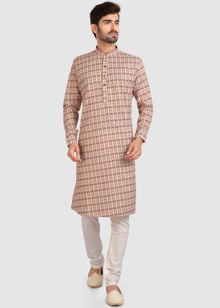 Beige Readymade Printed Kurta With Churidar