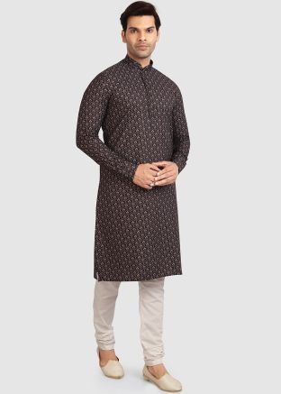 Black Printed Readymade Kurta With Art Silk Churidar