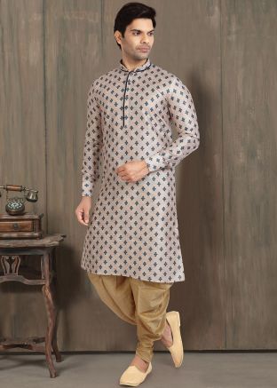 Readymade Cream Printed Kurta With Dhoti