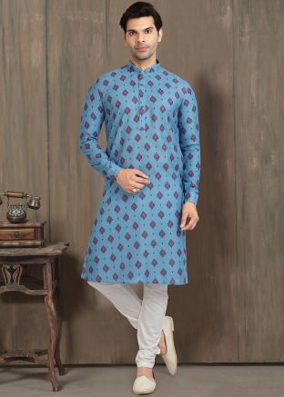 Blue Readymade Printed Cotton Kurta Churidaar Set
