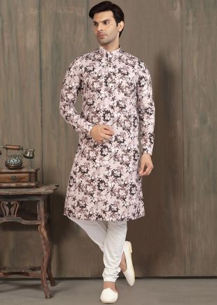 Cream Readymade Floral Cotton Kurta Churidaar Set