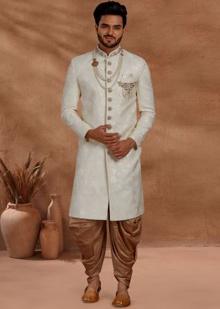 Cream Woven Readymade Sherwani With Dhoti