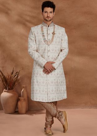 White Mens Readymade Chikankari Work Sherwani