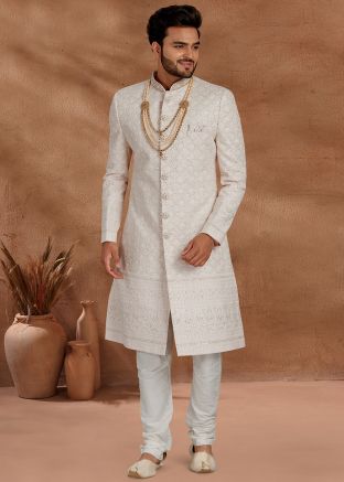 Readymade White Silk Sherwani With Chikankari Work
