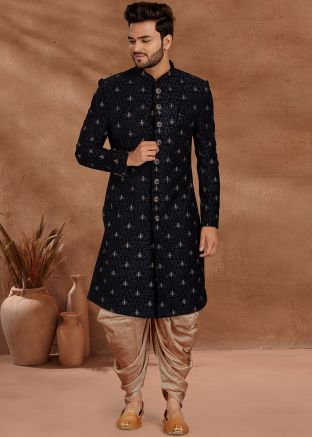 Dark Blue Readymade Sherwani With Dhoti In Velvet