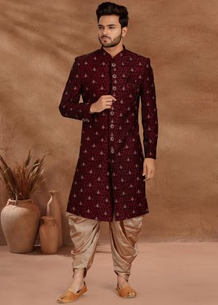 Maroon Readymade Sherwani With Dhoti In Velvet