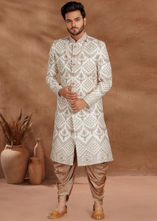 White Zari Embroidered Readymade Sherwani With Dhoti