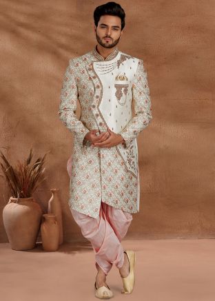 White Embroidered Asymmetric Readymade Sherwani With Dhoti