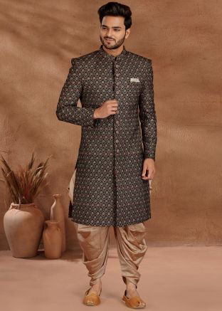 Maroon Embroidered Readymade Velvet Sherwani With Dhoti