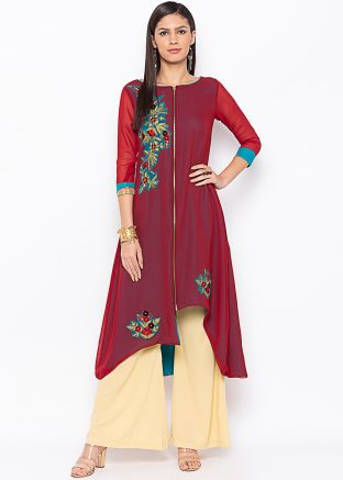 Maroon Embroidered Readymade Georgette Kurta