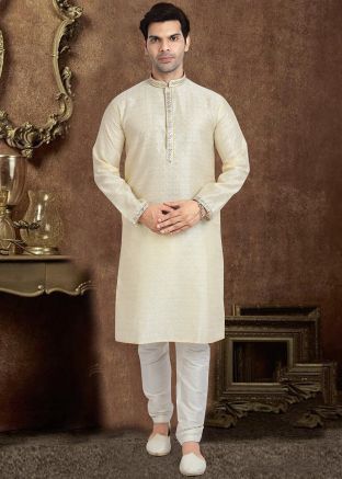 Cream Woven Kurta With Churidar In Jacquard