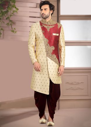 Cream and Red Asymmetric Woven Groom Sherwani Dhoti Set
