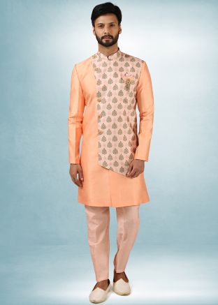 Peach Readymade Overlapped Sherwani In Art Silk