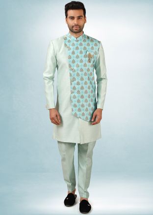 Blue Readymade Overlapped Sherwani In Art Silk