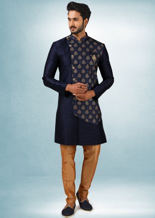 Blue Readymade Printed Indo Western Sherwani Set