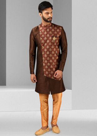 Brown Readymade Art Silk Printed Sherwani Set