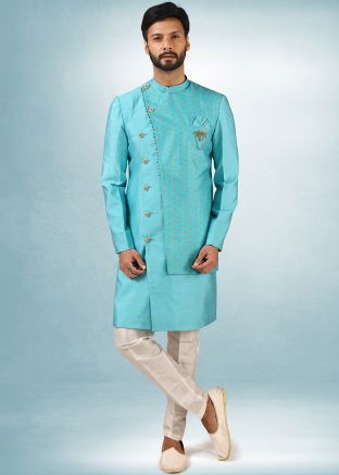 Readymade Blue Silk Overlapped Indo Western Sherwani