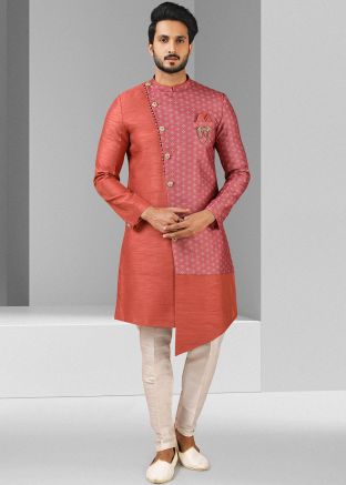 Readymade Red Silk Asymmetric Printed Mens Sherwani