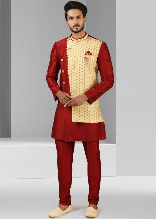 Readymade Maroon Art Silk Printed Mens Sherwani
