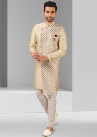 Readymade Cream Asymmetric Art Silk Sherwani Set