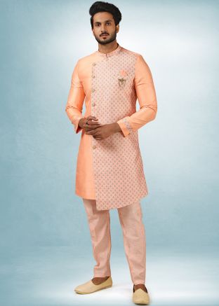 Readymade Peach Asymmetric Indo Western Sherwani Set