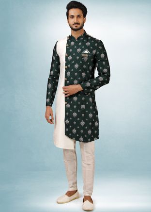Green And White Printed Asymmetric Readymade Sherwani