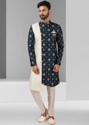 Blue And White Printed Asymmetric Readymade Sherwani