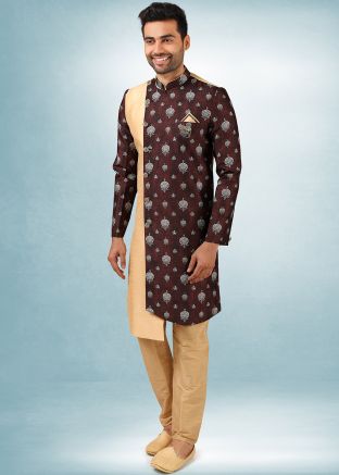 Maroon And Golden Printed Asymmetric Readymade Sherwani