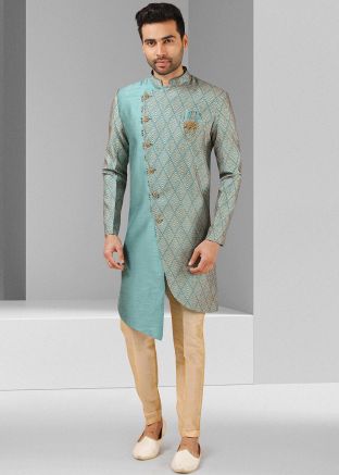 Blue Printed Asymmetric Readymade Sherwani Set