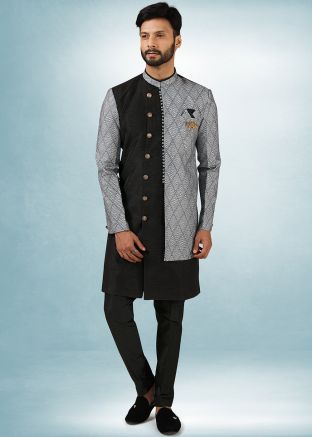 Black Printed Readymade Indo Western Sherwani