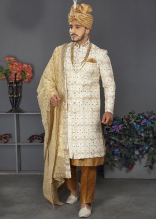 White Embroidered Readymade Designer Groom Sherwani