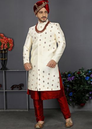 Readymade White Embroidered Groom Sherwani With Turban