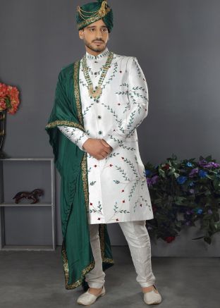 Readymade White Embroidered Designer Sherwani With Stole