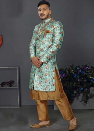Turquoise Silk Readymade Sherwani With Kurta Pyjama