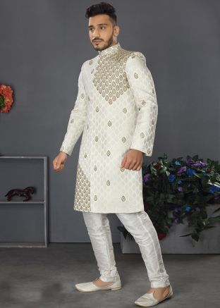 White Woven Silk Readymade Sherwani Set