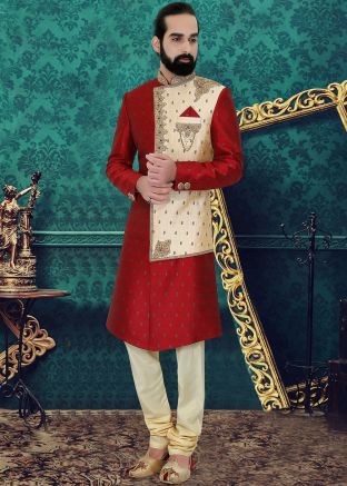 Red and Cream Overlapped Woven Groom Sherwani Churidar Set
