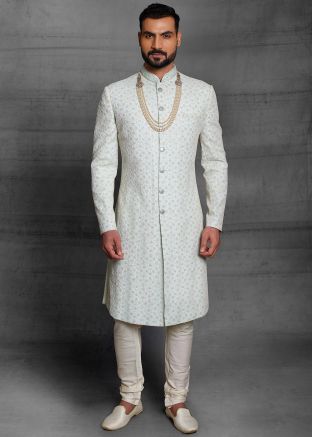 Thread Embroidered Silk Sherwani Set In Blue