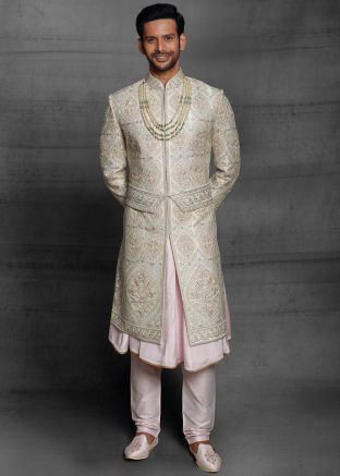 Readymade Embroidered Sherwani With Anarkali Kurta In Cream
