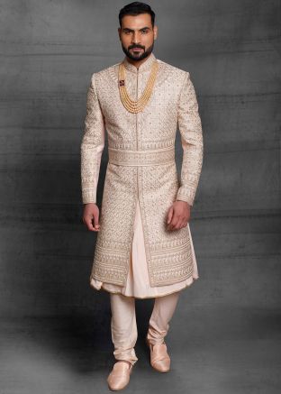 Peach Groom Embroidered Anarkali Kurta With Sherwani