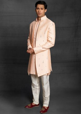 Peach Readymade Embroidered Sherwani Set In Silk